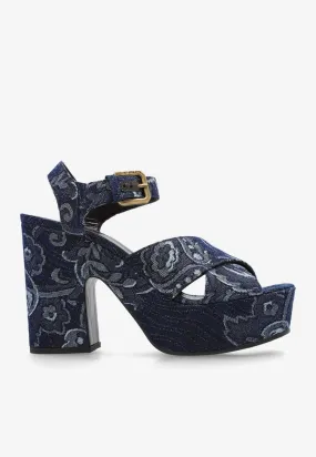 100 Floral Jacquard Denim Platform Sandals