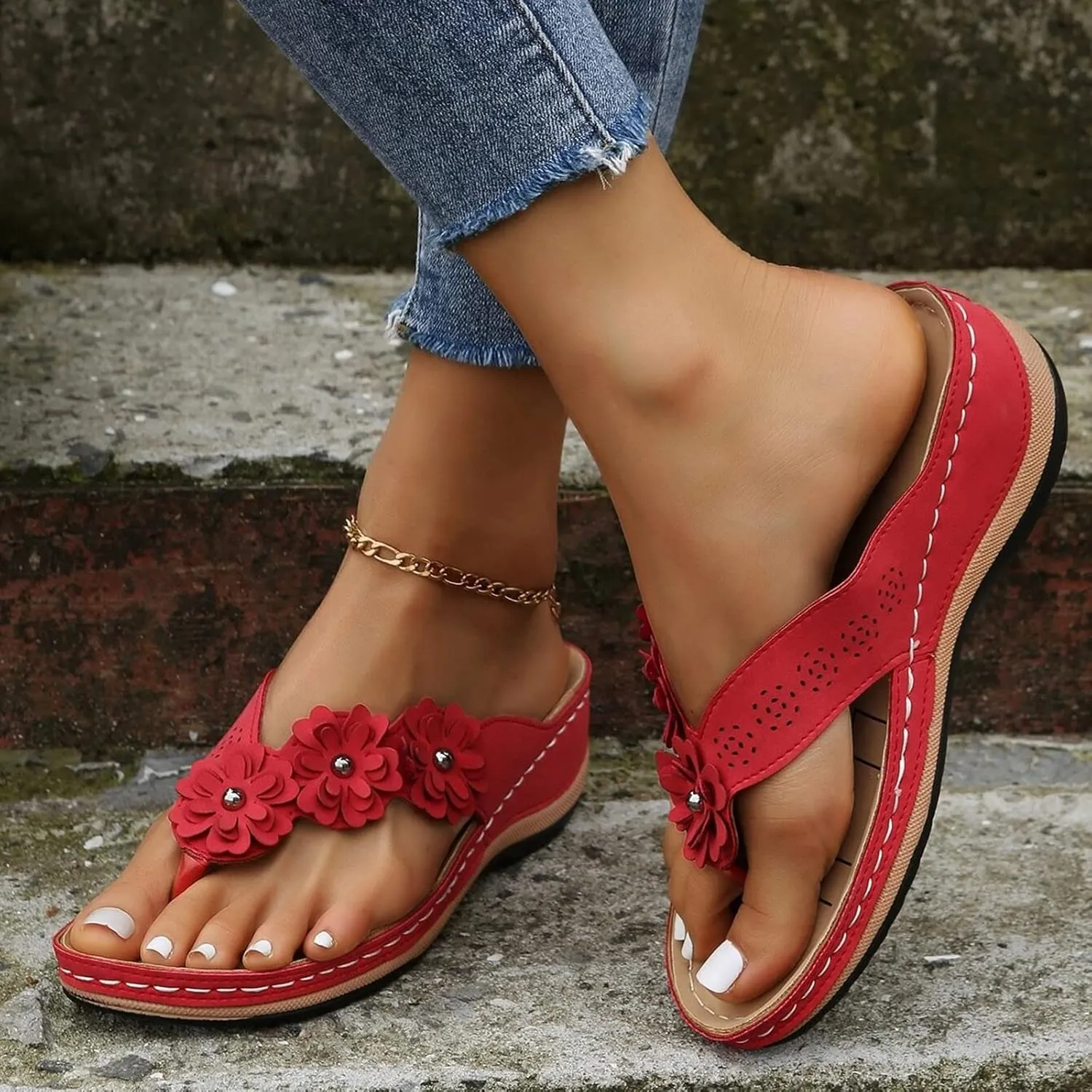 Avylays Orthopedic Sandals for Women Womens Comfort Leather Slides 3D Hollow Flower Wedge Sandals Slip On Casual Walking Slippers with Arch Support Flip Flops Cushion Dressy Summer Beach Thong