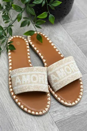 Beige Beaded Amore Slide Sandals