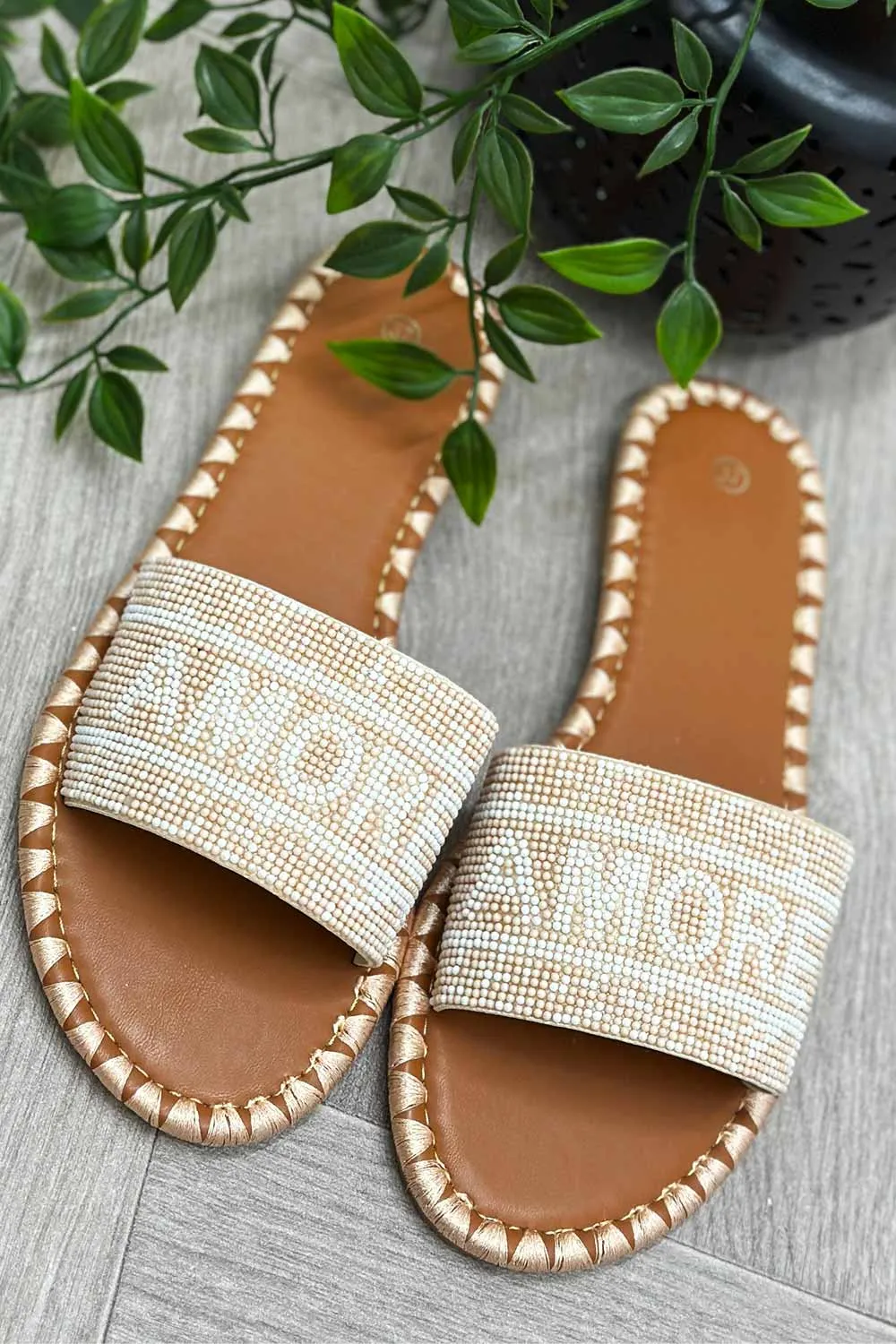 Beige Beaded Amore Slide Sandals