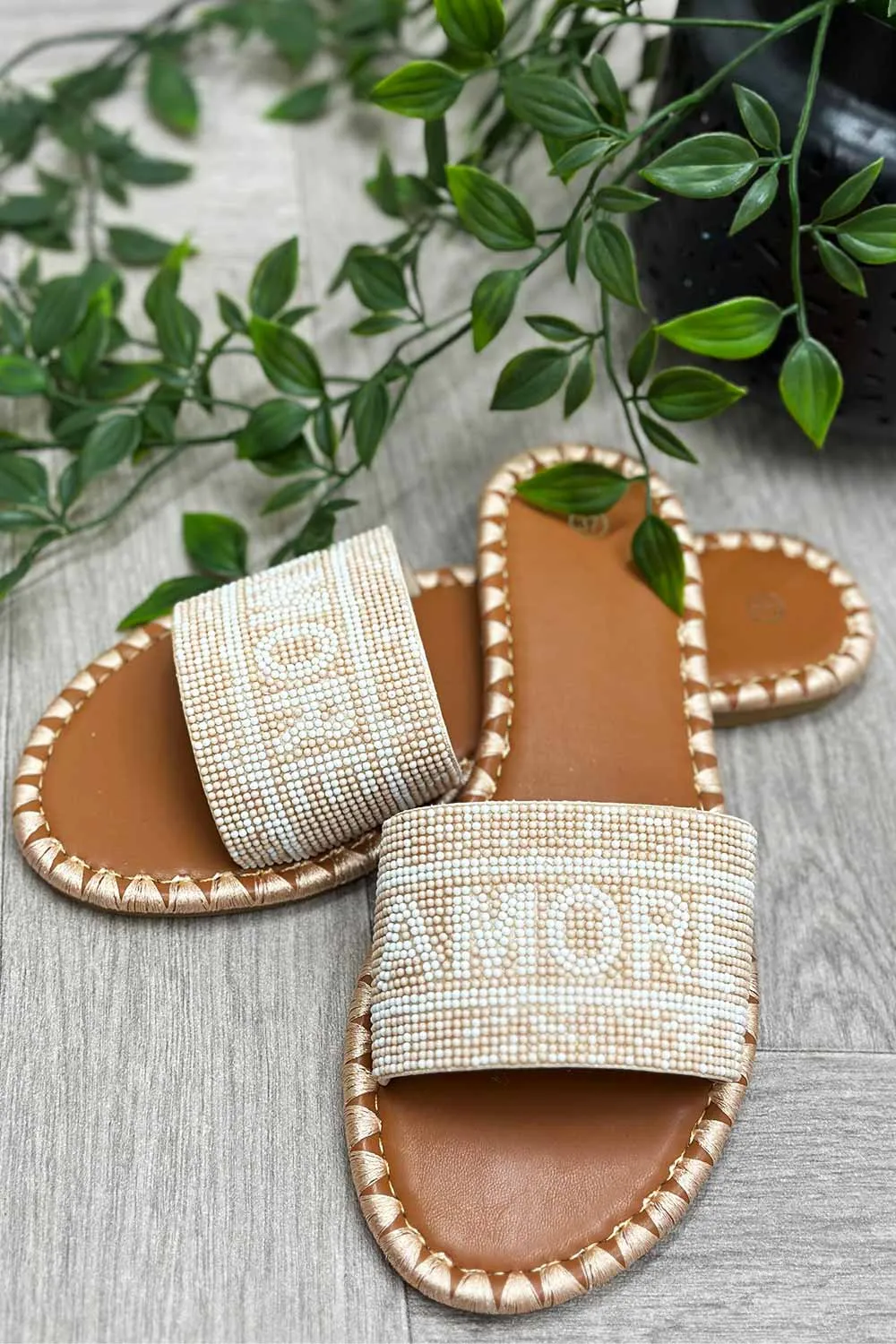 Beige Beaded Amore Slide Sandals