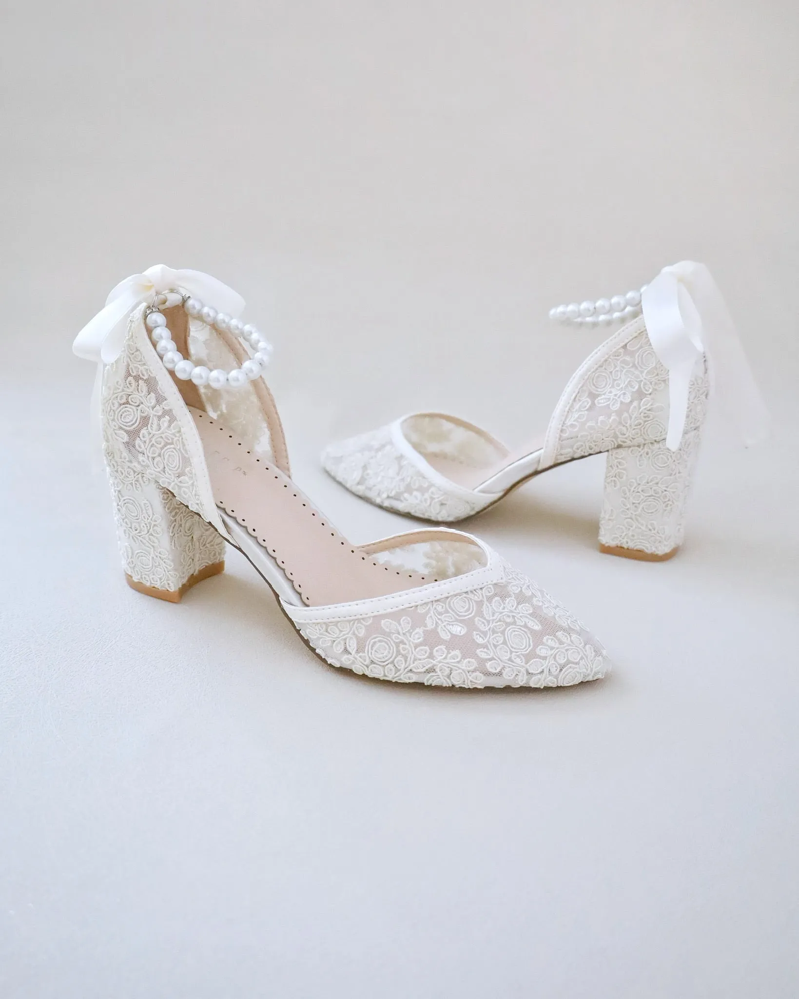 Bridal Lace Block Heel with All Pearls Ankle Strap
