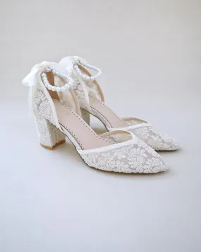 Bridal Lace Block Heel with All Pearls Ankle Strap