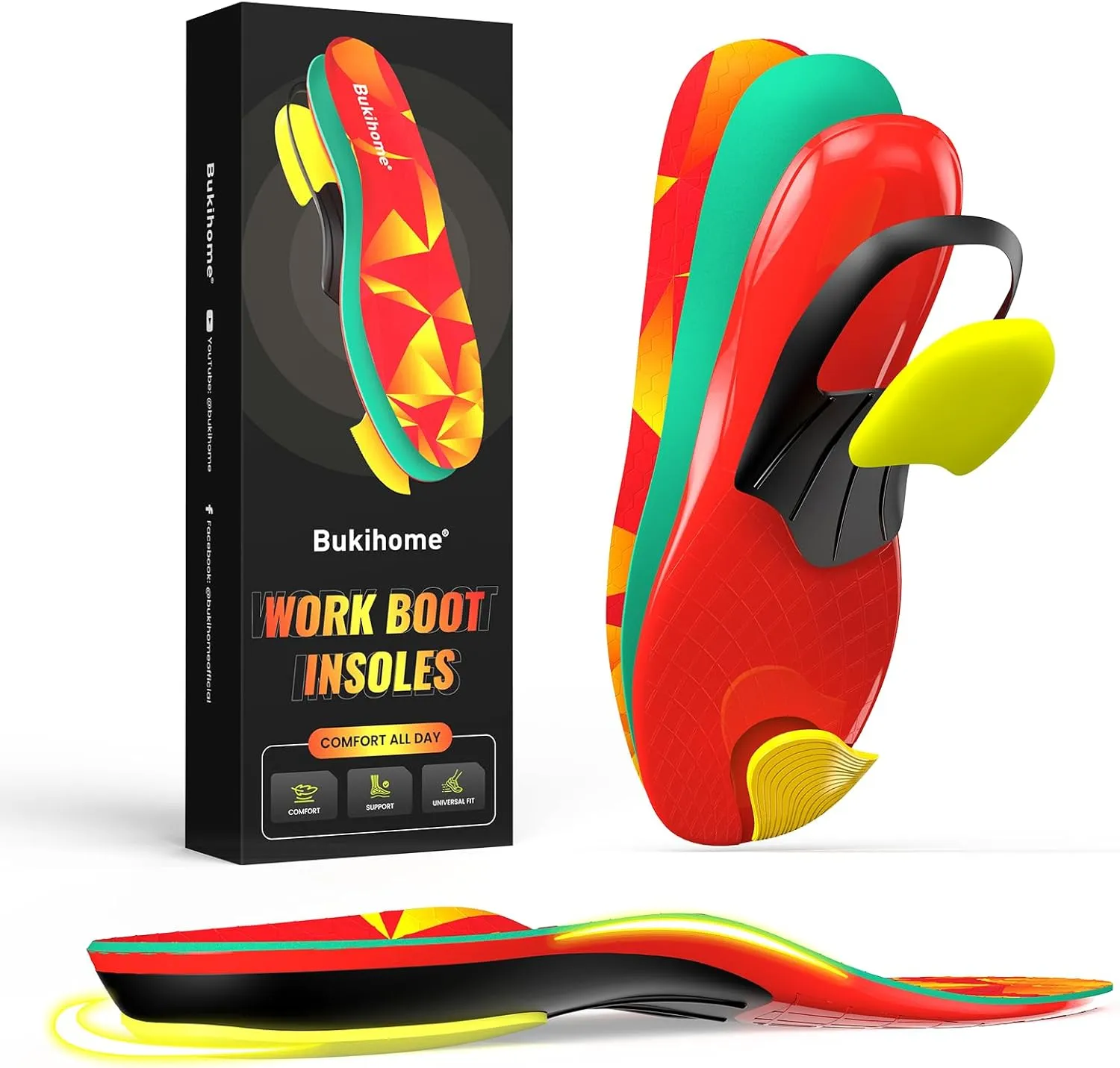 Bukihome Orthotic Insoles for Plantar Fasciitis Relief - Heavy Duty Work Insoles with Anti-Fatigue Arch Support, Shock Absorption & Heel Cushion - Men Women Shoe Inserts -L
