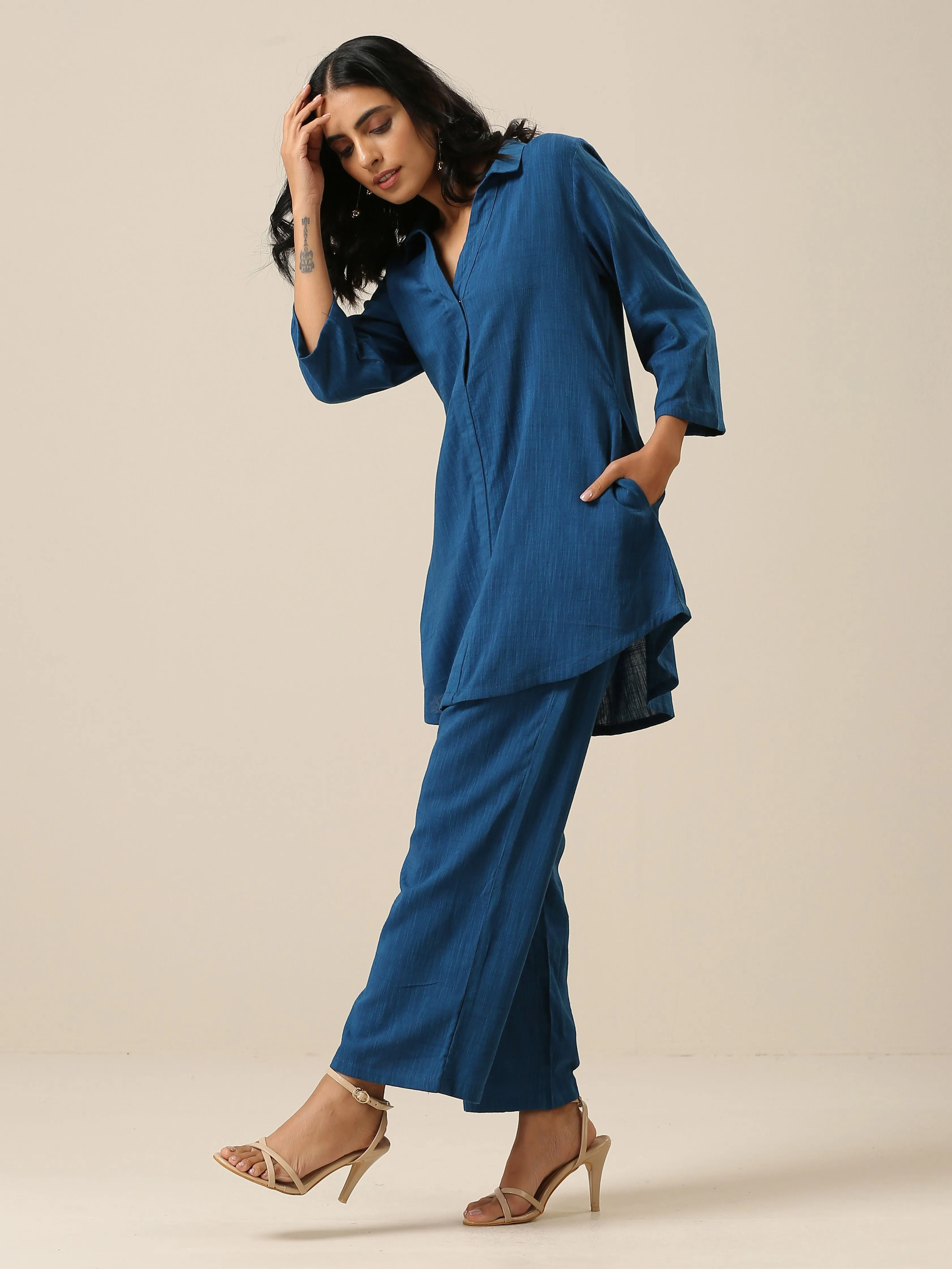Classic Blue Slub Texture Collar Short Co-Ord Set