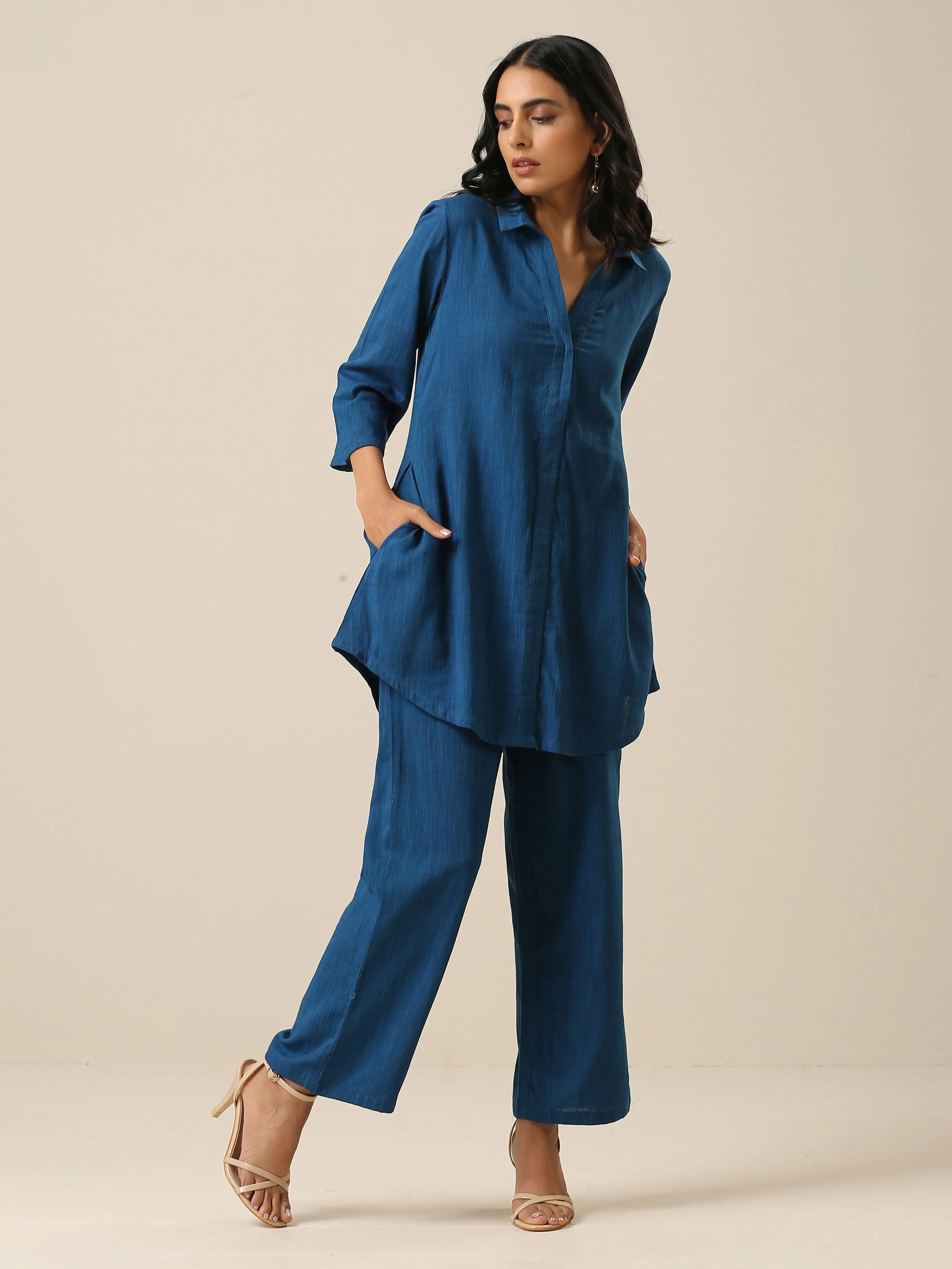 Classic Blue Slub Texture Collar Short Co-Ord Set