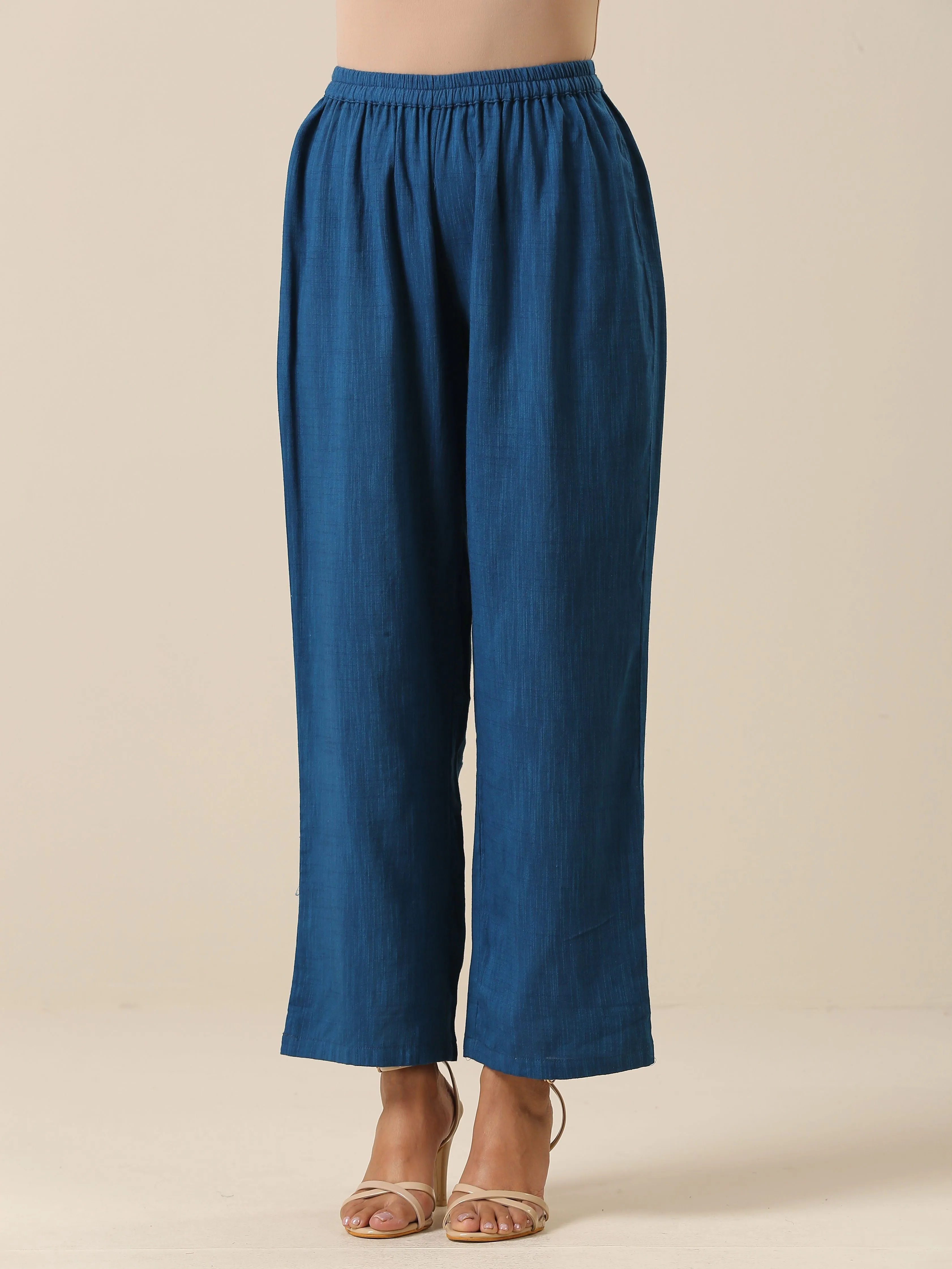 Classic Blue Slub Texture Collar Short Co-Ord Set