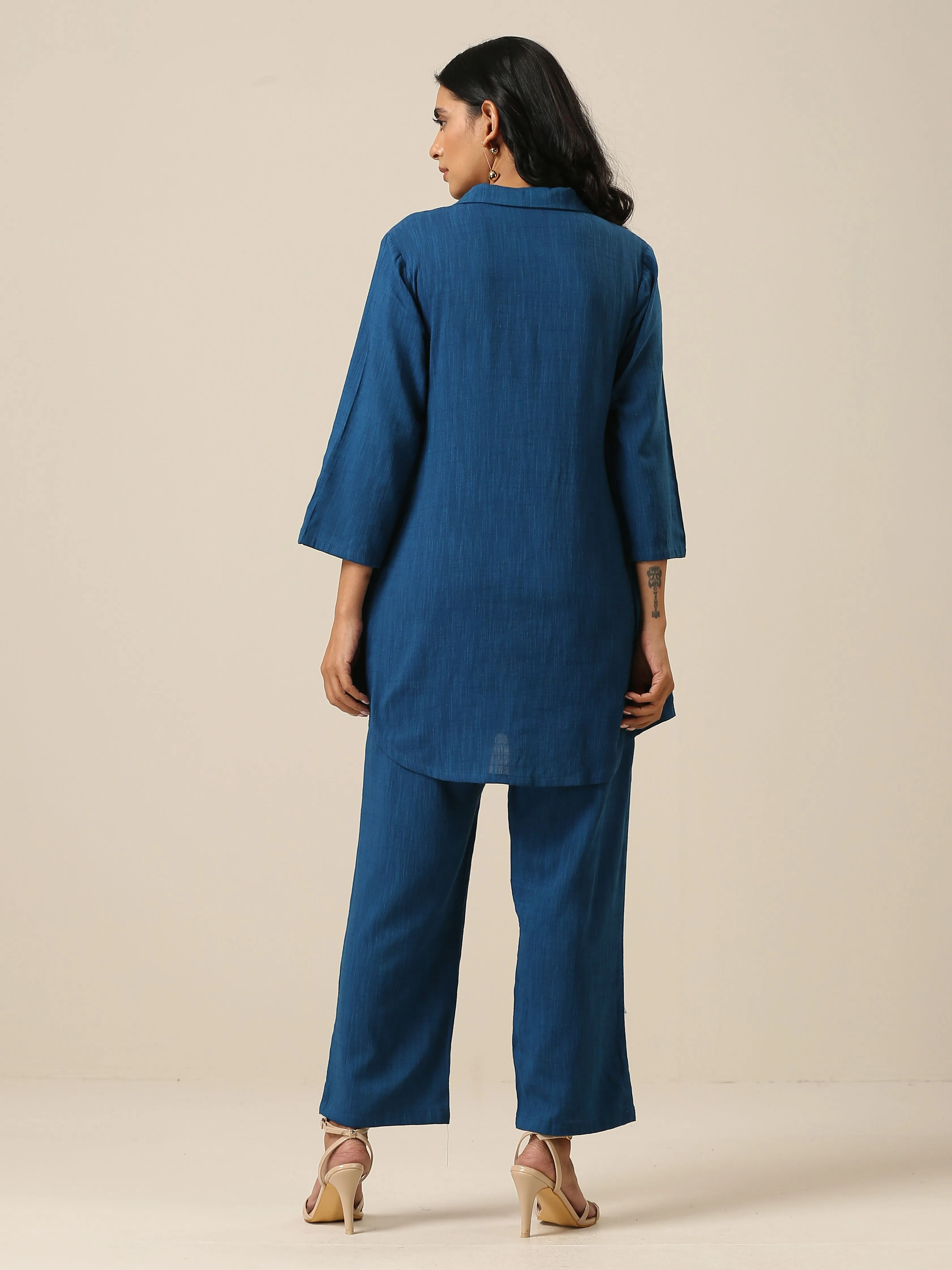 Classic Blue Slub Texture Collar Short Co-Ord Set