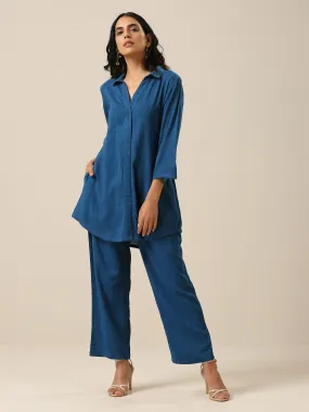 Classic Blue Slub Texture Collar Short Co-Ord Set