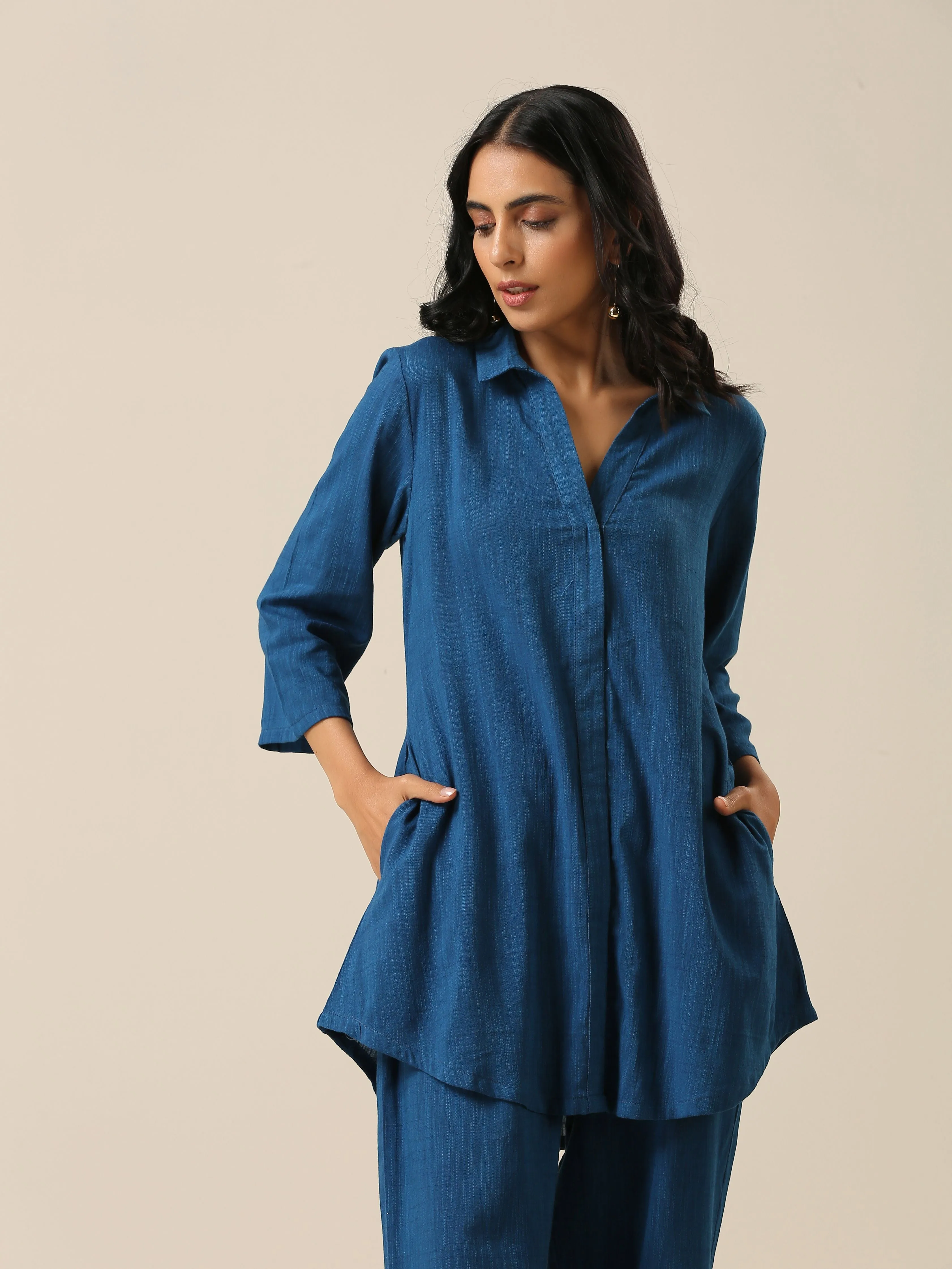 Classic Blue Slub Texture Collar Short Co-Ord Set