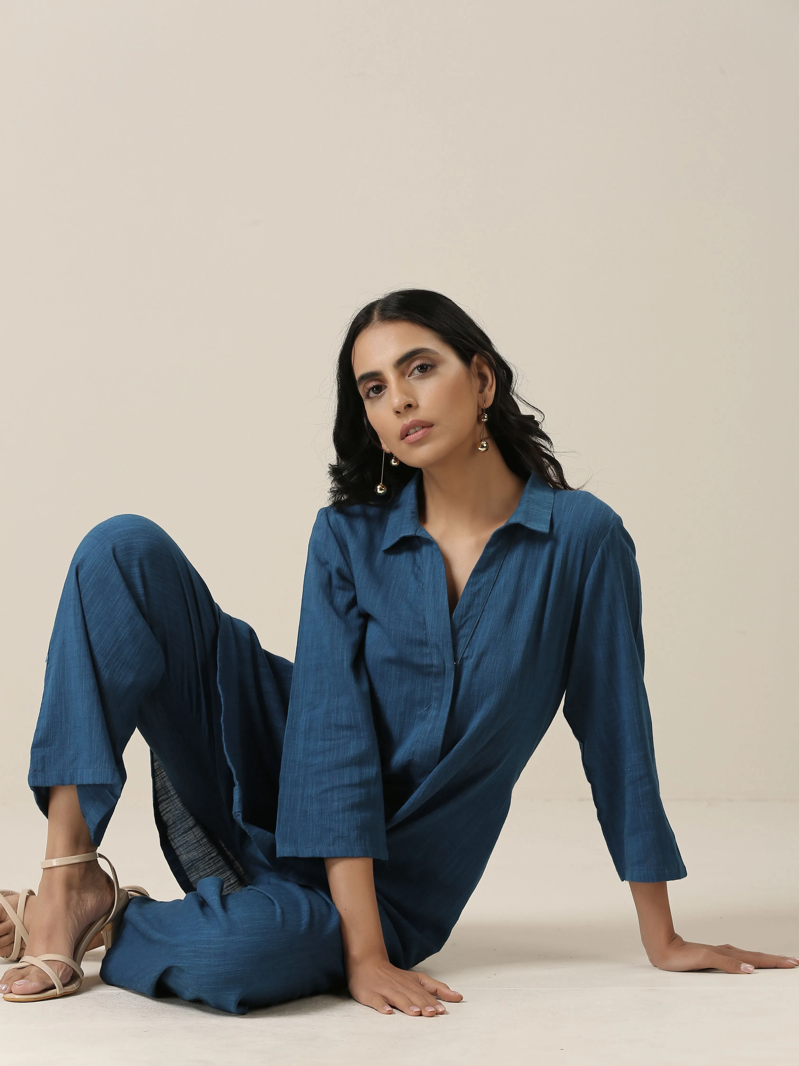 Classic Blue Slub Texture Collar Short Co-Ord Set