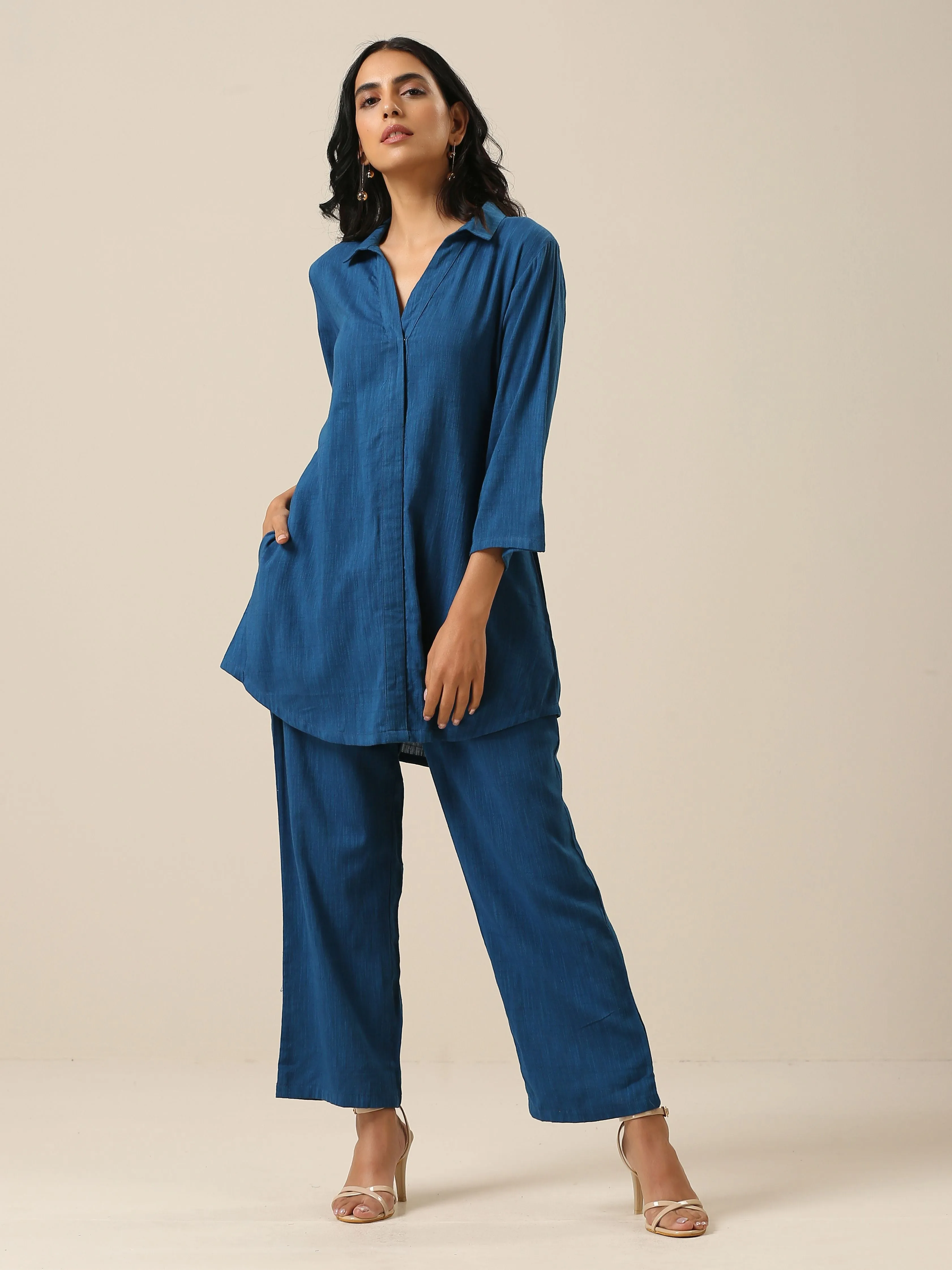 Classic Blue Slub Texture Collar Short Co-Ord Set