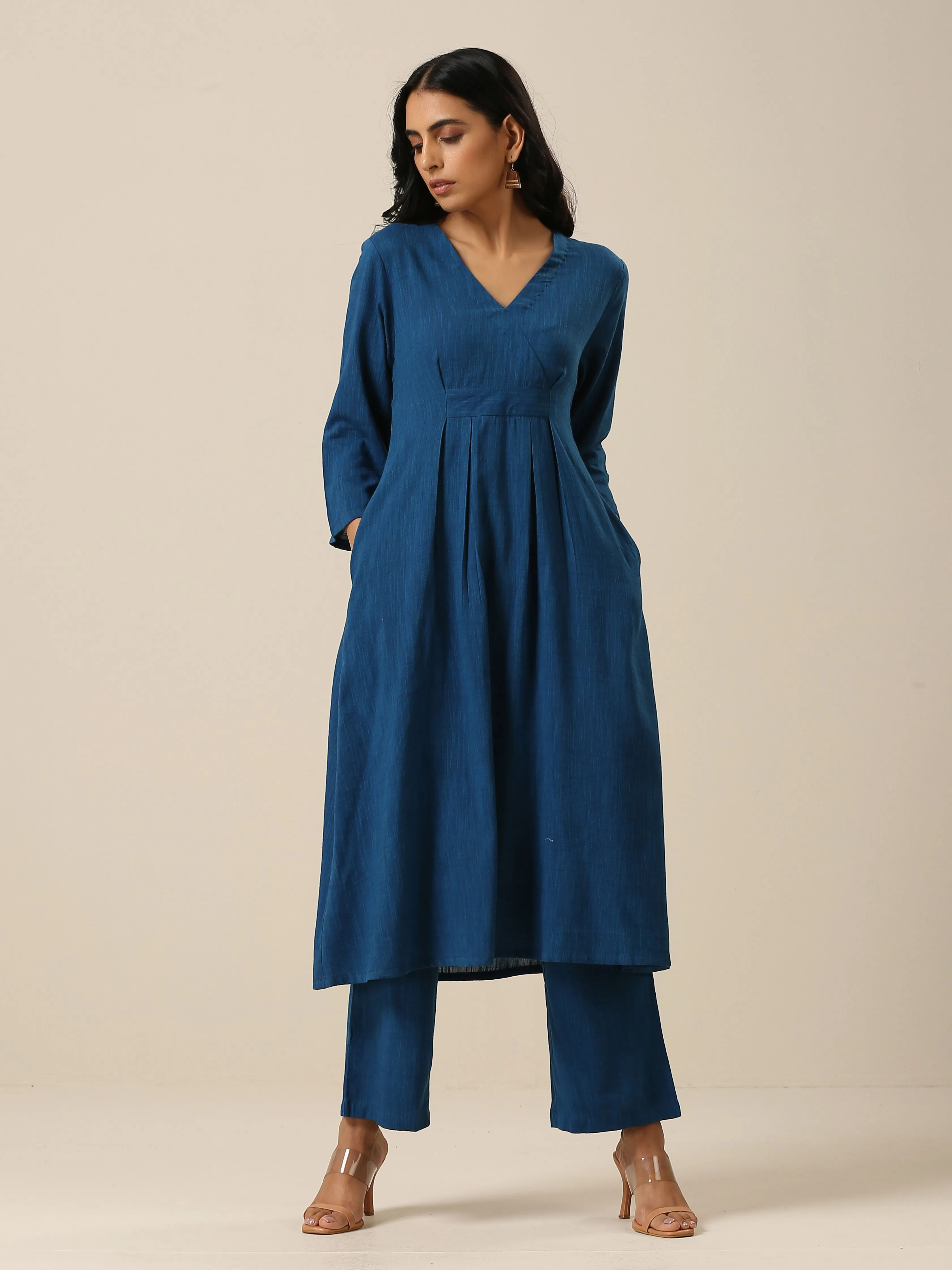 Classic Blue Slub Texture Overlap Pleat Kurta Pant Set