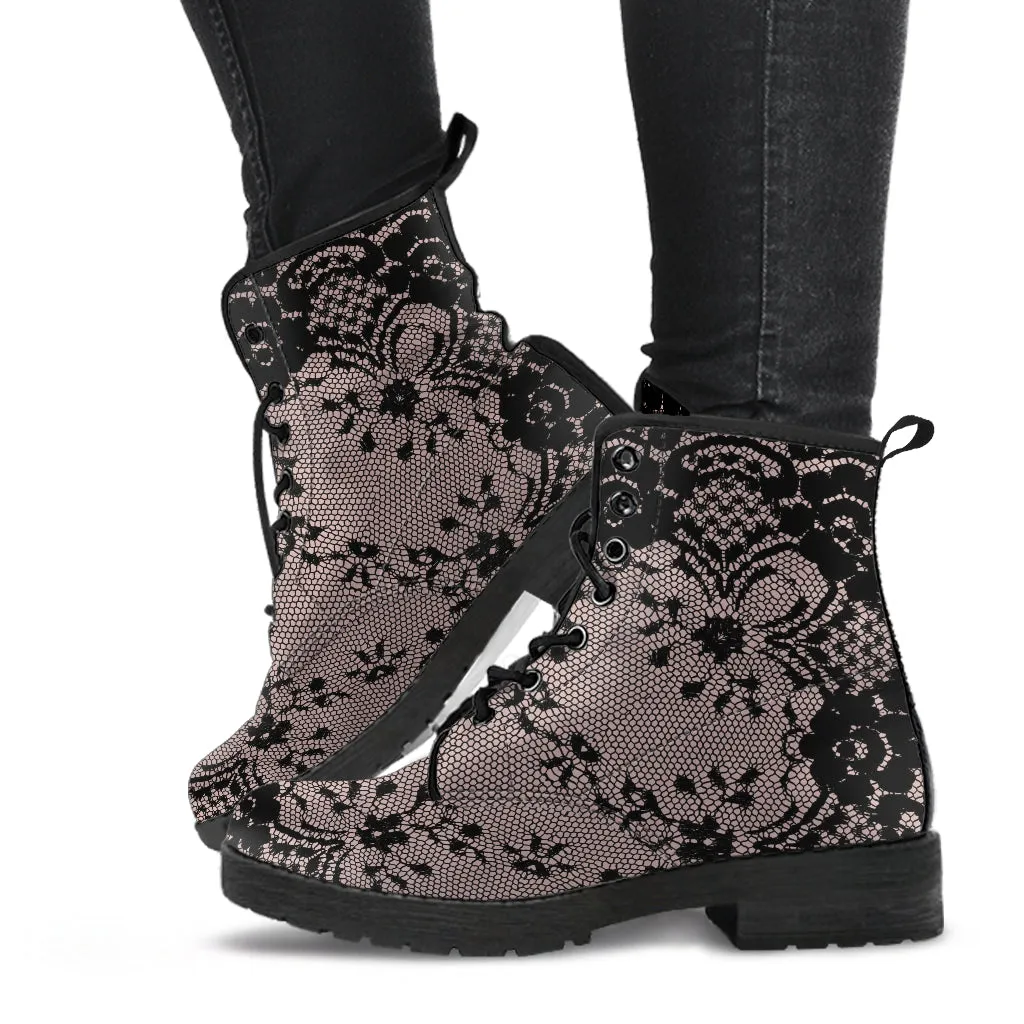 Combat Boots - Black Lace Print Design | Boho Shoes, Women's Boots, Vegan Leather Lace Up Boots Women, Handmade Lace Up Boots, Custom Shoes