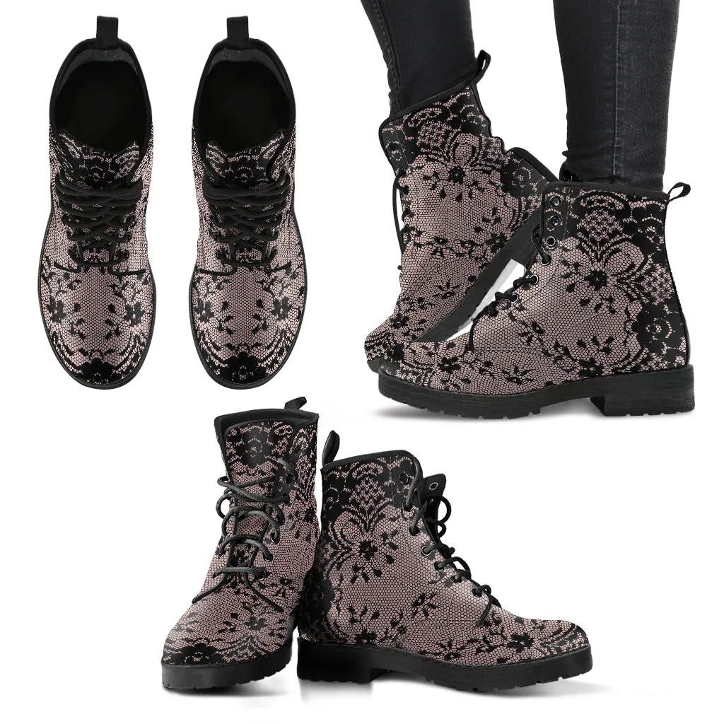 Combat Boots - Black Lace Print Design | Boho Shoes, Women's Boots, Vegan Leather Lace Up Boots Women, Handmade Lace Up Boots, Custom Shoes