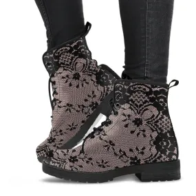Combat Boots - Black Lace Print Design | Boho Shoes, Women's Boots, Vegan Leather Lace Up Boots Women, Handmade Lace Up Boots, Custom Shoes