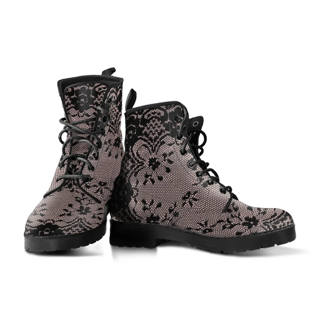 Combat Boots - Black Lace Print Design | Boho Shoes, Women's Boots, Vegan Leather Lace Up Boots Women, Handmade Lace Up Boots, Custom Shoes