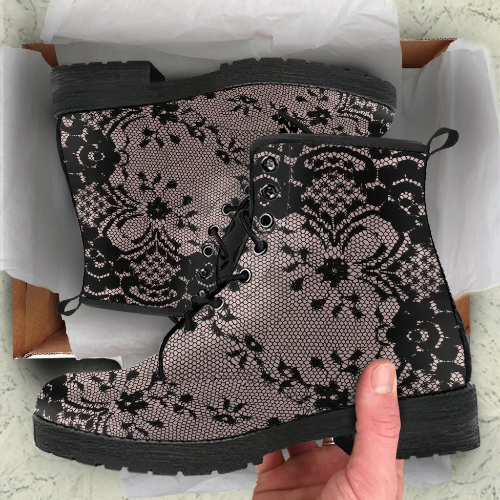 Combat Boots - Black Lace Print Design | Boho Shoes, Women's Boots, Vegan Leather Lace Up Boots Women, Handmade Lace Up Boots, Custom Shoes