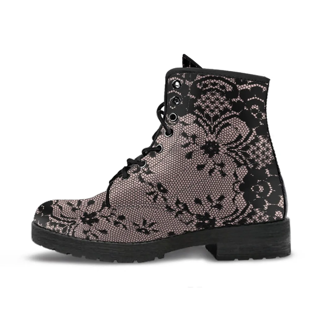 Combat Boots - Black Lace Print Design | Boho Shoes, Women's Boots, Vegan Leather Lace Up Boots Women, Handmade Lace Up Boots, Custom Shoes