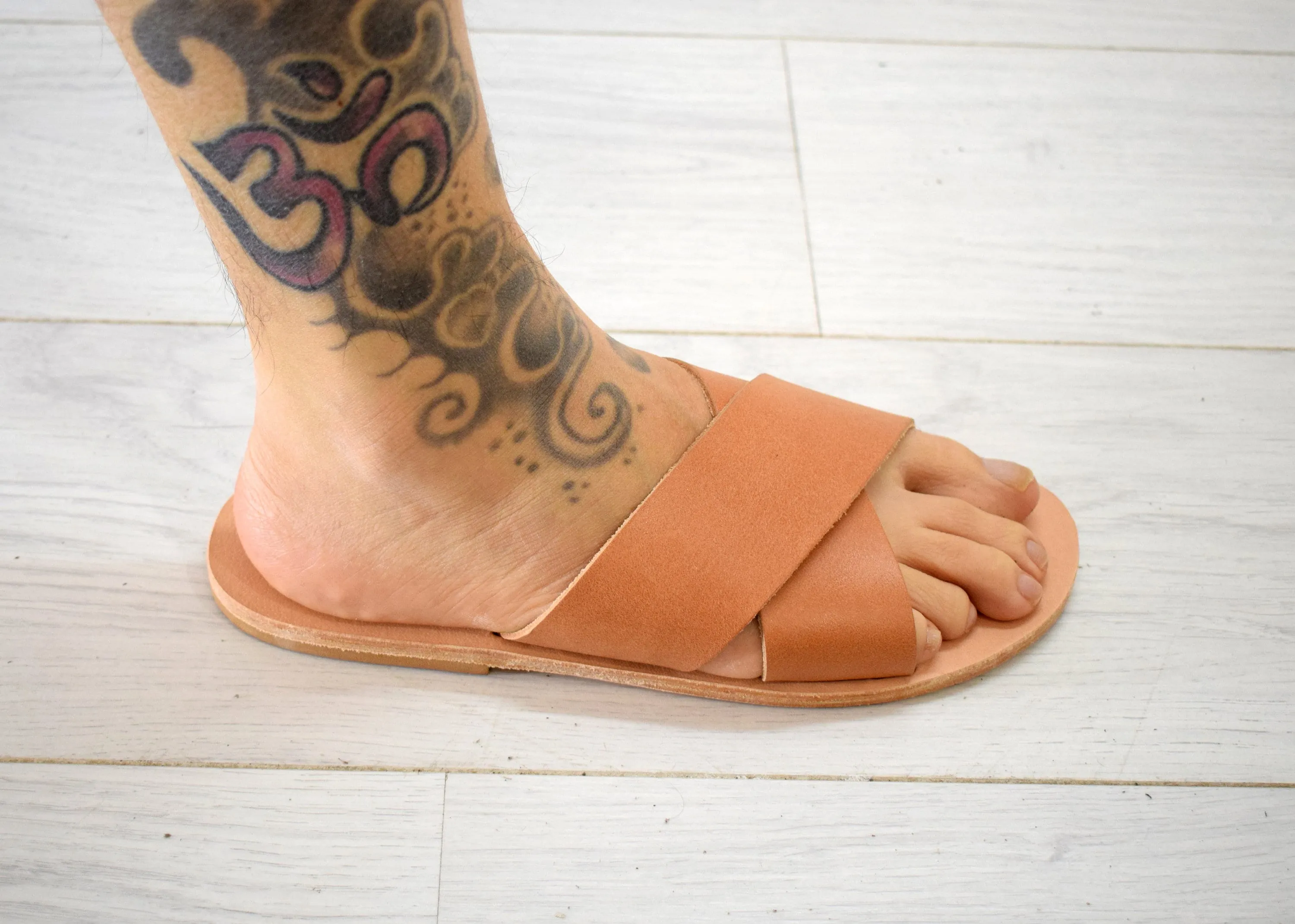 Criss Cross Greek Leather sandals - slipers Men, slide tan/natural, black sandals, leather sole - insole
