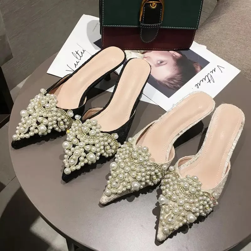 Crystal Pearl Slip On Mules