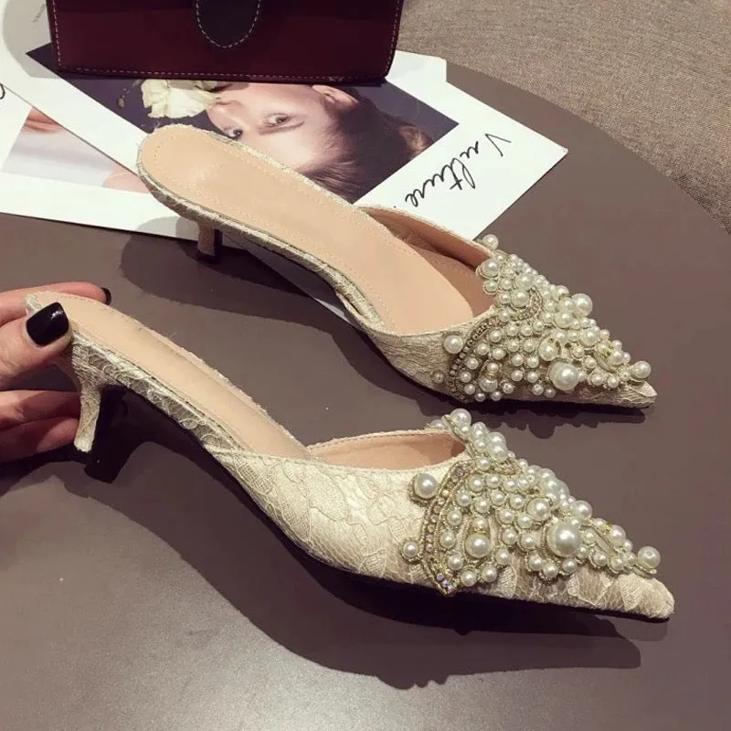 Crystal Pearl Slip On Mules
