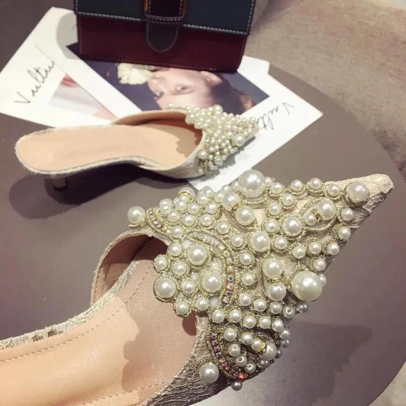 Crystal Pearl Slip On Mules