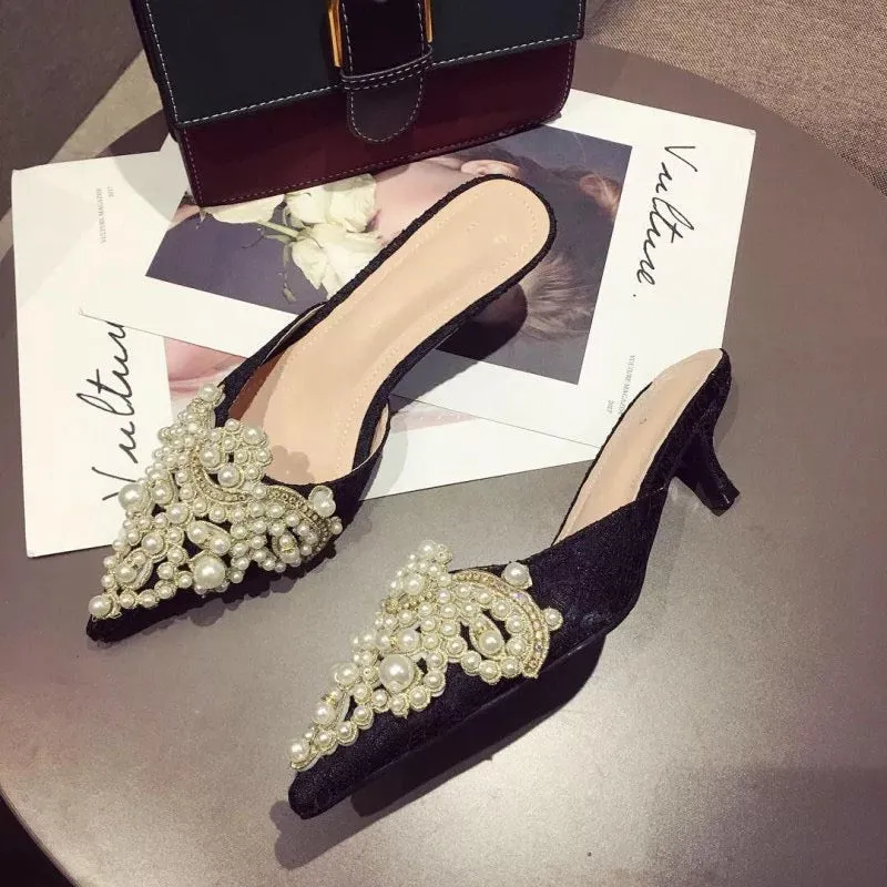 Crystal Pearl Slip On Mules
