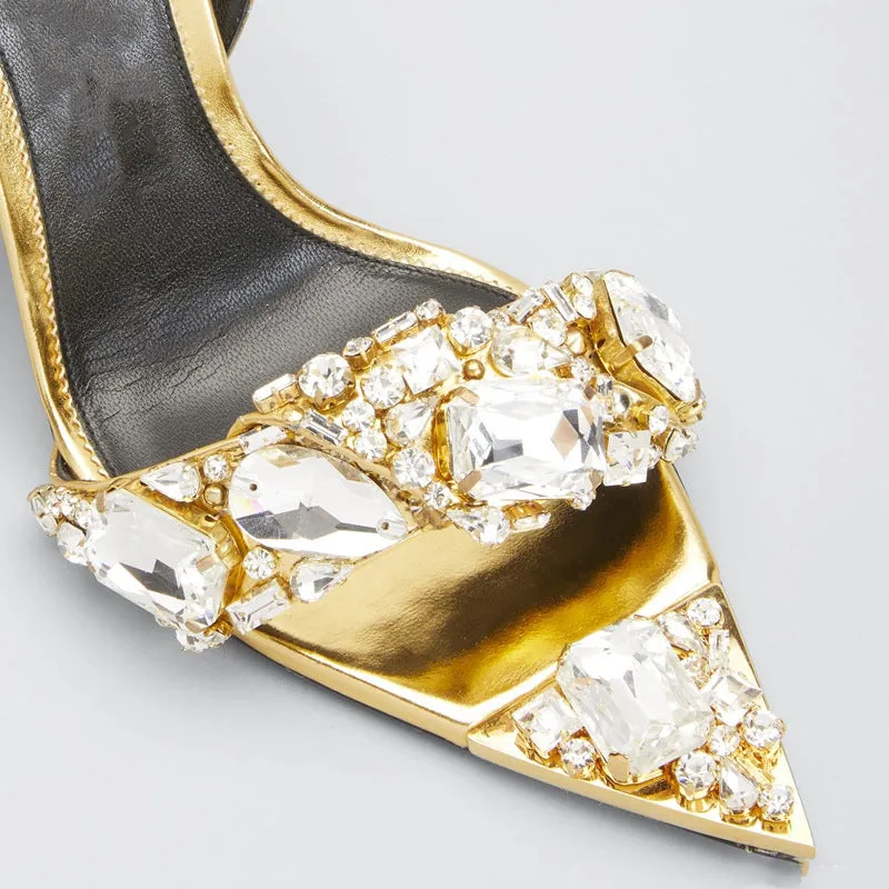 Crystals rhinestone party banquet fashion show heels Ankle tie up pointed toe peep toe heels