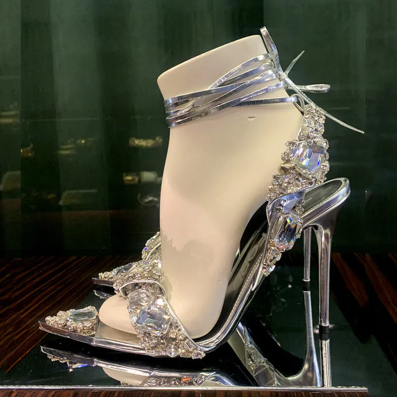 Crystals rhinestone party banquet fashion show heels Ankle tie up pointed toe peep toe heels