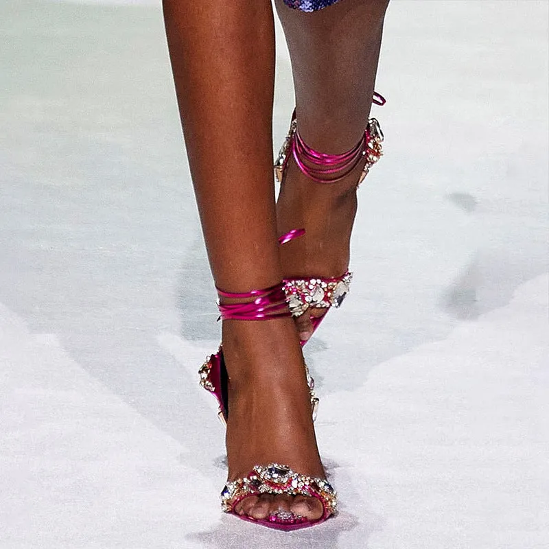 Crystals rhinestone party banquet fashion show heels Ankle tie up pointed toe peep toe heels