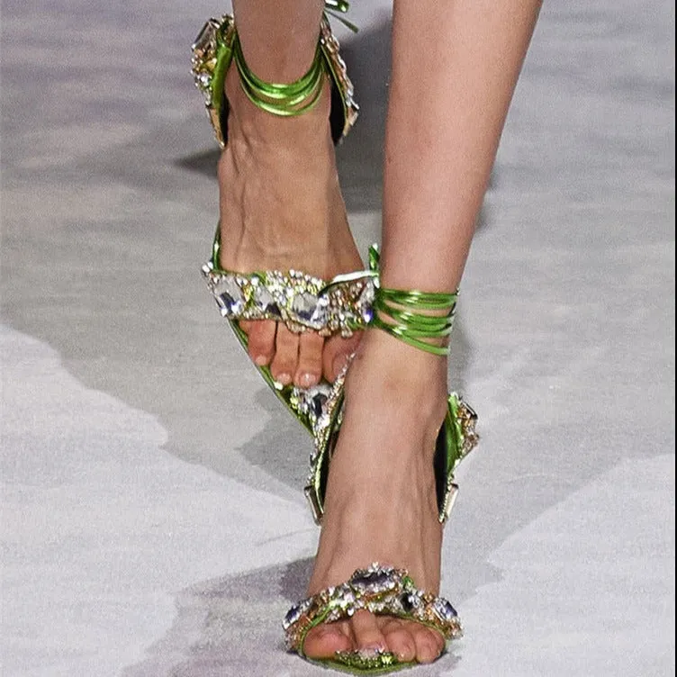 Crystals rhinestone party banquet fashion show heels Ankle tie up pointed toe peep toe heels