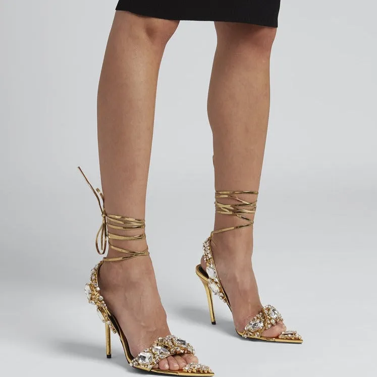 Crystals rhinestone party banquet fashion show heels Ankle tie up pointed toe peep toe heels