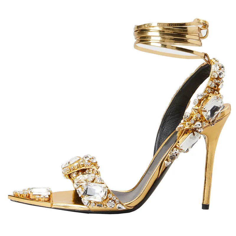 Crystals rhinestone party banquet fashion show heels Ankle tie up pointed toe peep toe heels