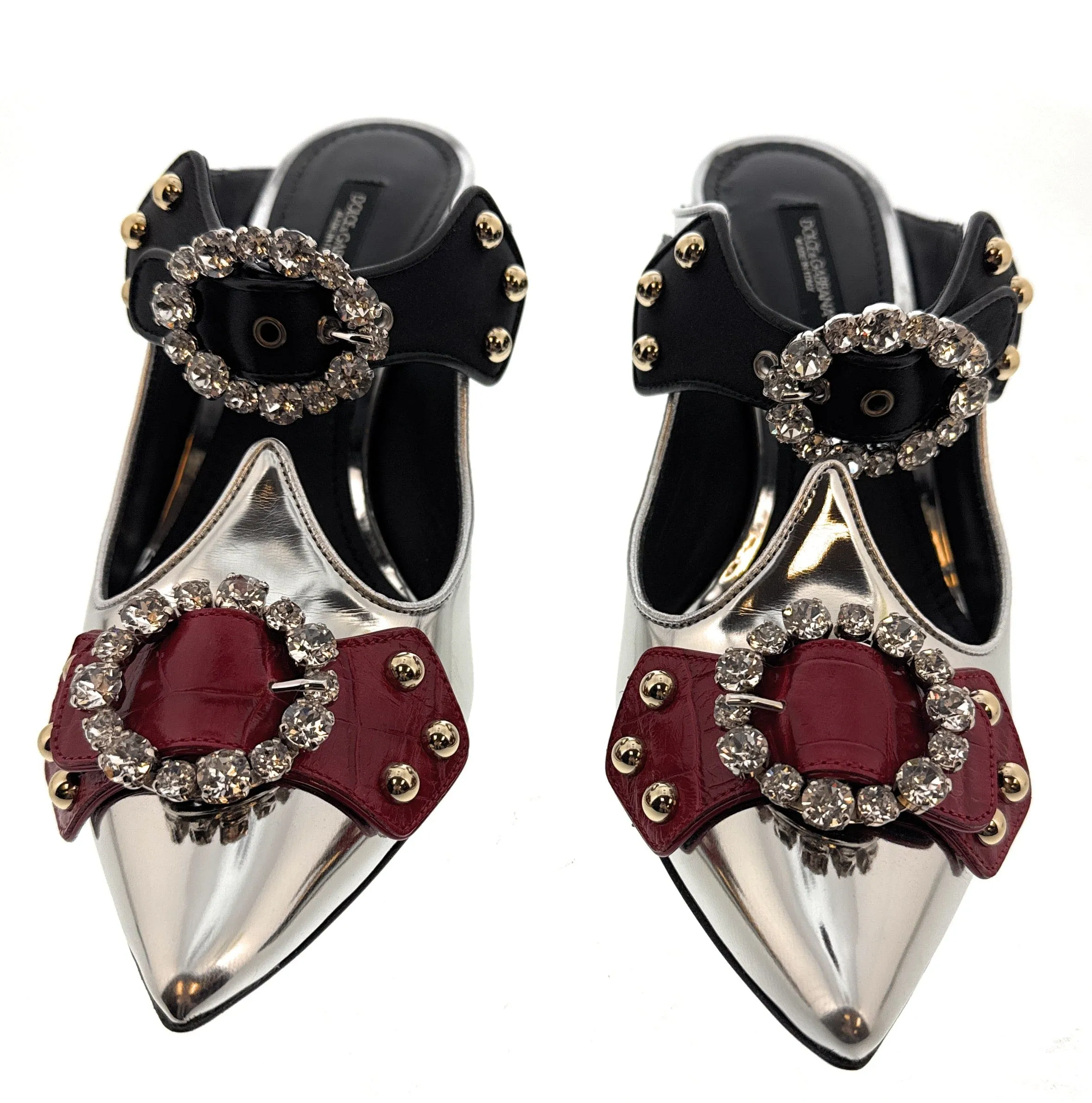Dolce & Gabbana Silver/Cherry Silver Embellished Kitten Mules-EU37