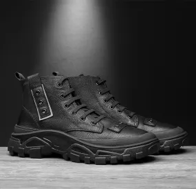 FAMAN HIGH TOP LEATHER CHUNKY TRAINERS IN BLACK