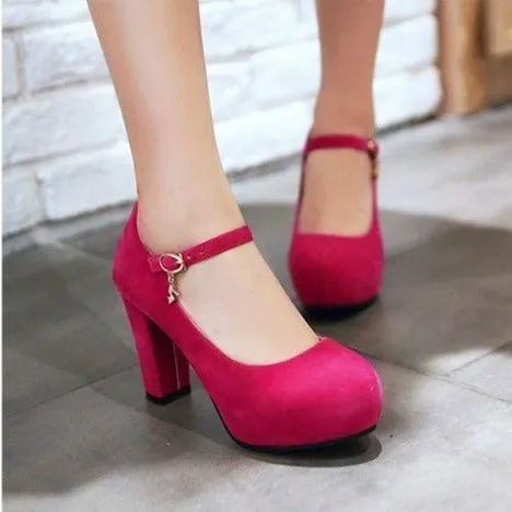 Faux suede ankle strap chunky high heel pumps wedding dress heels