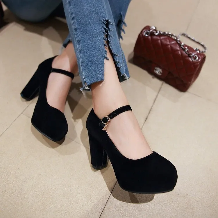 Faux suede ankle strap chunky high heel pumps wedding dress heels
