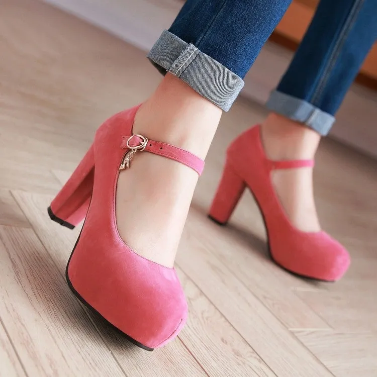 Faux suede ankle strap chunky high heel pumps wedding dress heels