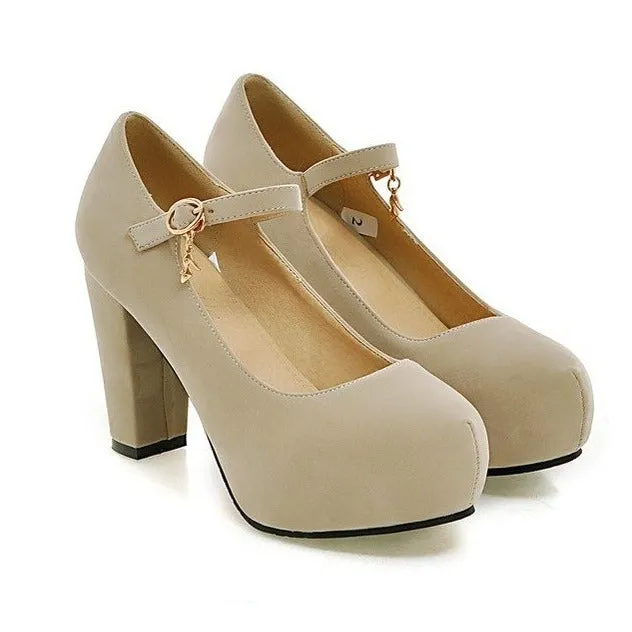 Faux suede ankle strap chunky high heel pumps wedding dress heels