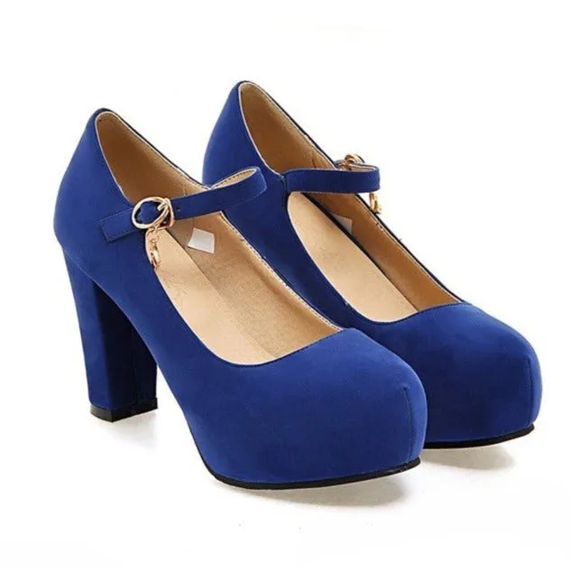 Faux suede ankle strap chunky high heel pumps wedding dress heels