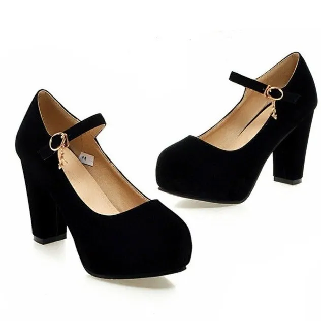 Faux suede ankle strap chunky high heel pumps wedding dress heels