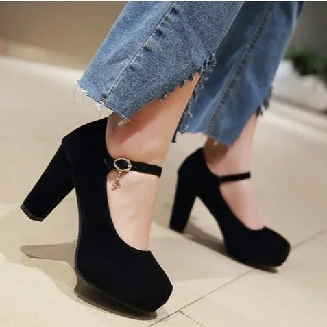 Faux suede ankle strap chunky high heel pumps wedding dress heels