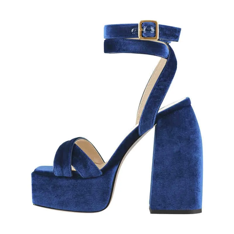 Flock Platform Chunky High Heels Ankle Cross Strap Sandals