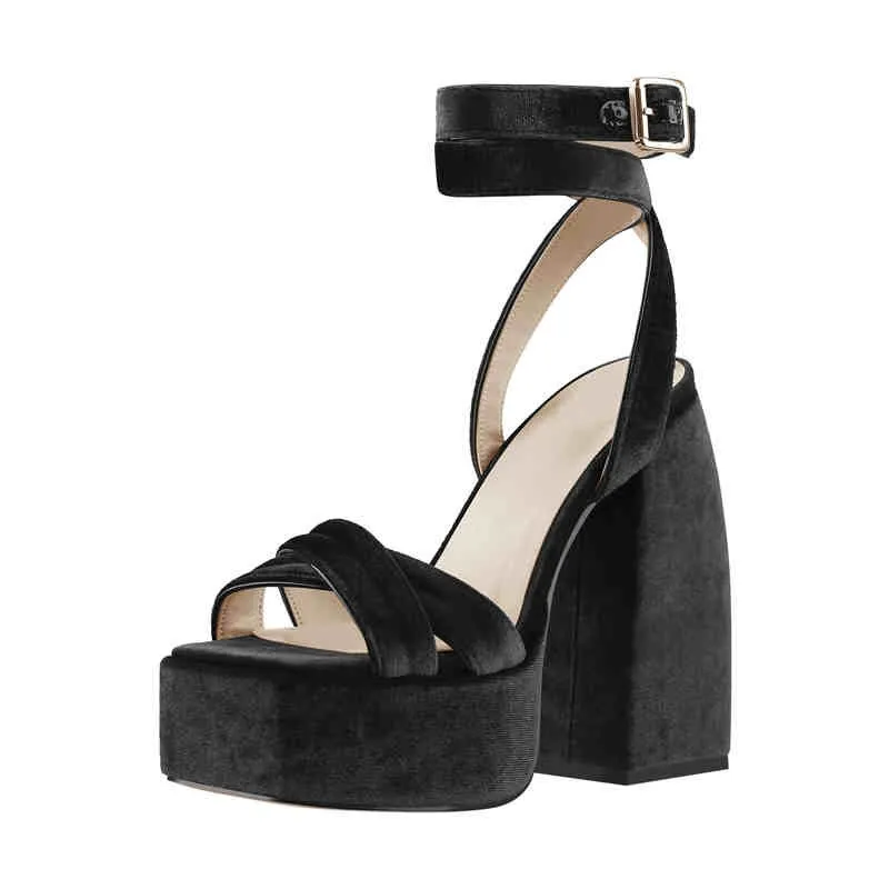 Flock Platform Chunky High Heels Ankle Cross Strap Sandals
