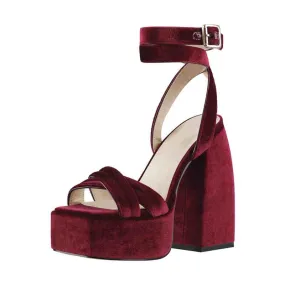 Flock Platform Chunky High Heels Ankle Cross Strap Sandals
