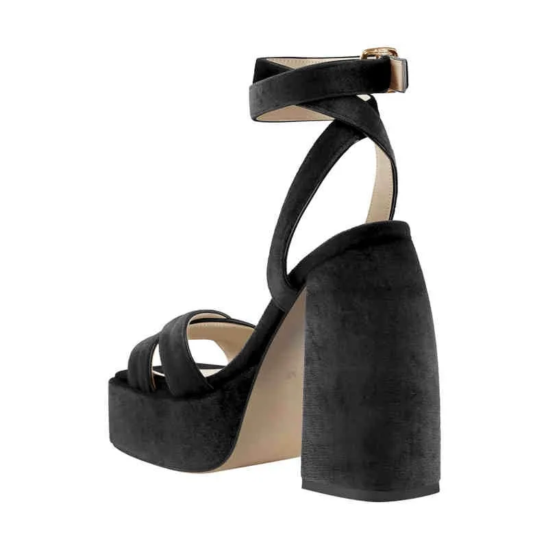 Flock Platform Chunky High Heels Ankle Cross Strap Sandals