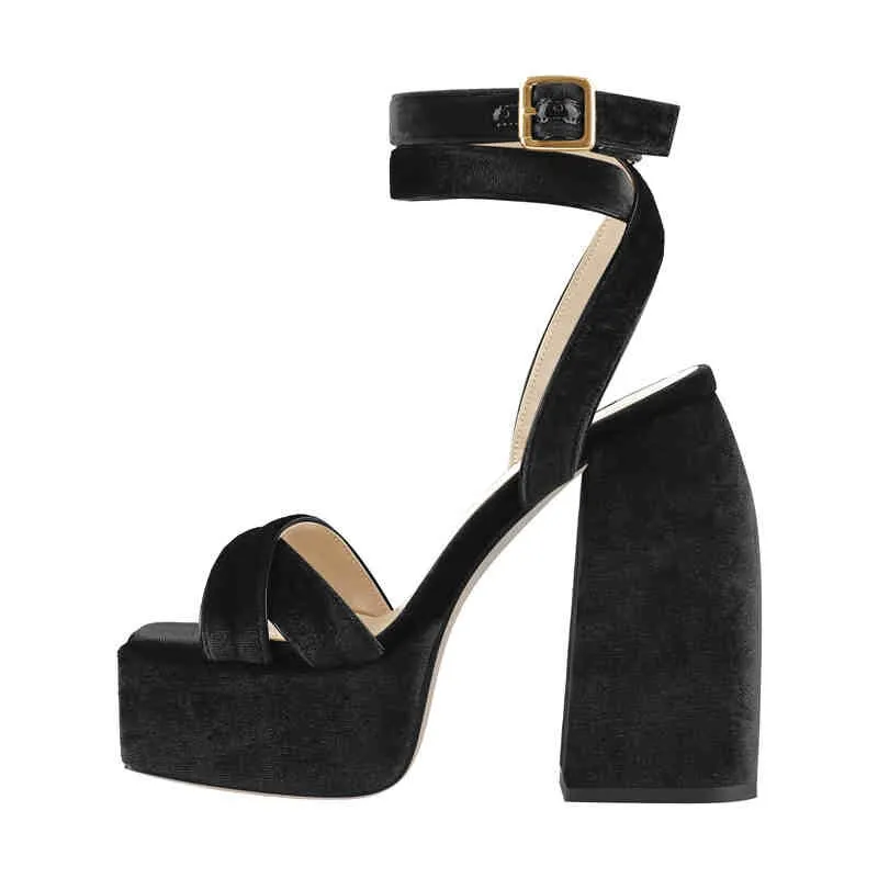 Flock Platform Chunky High Heels Ankle Cross Strap Sandals