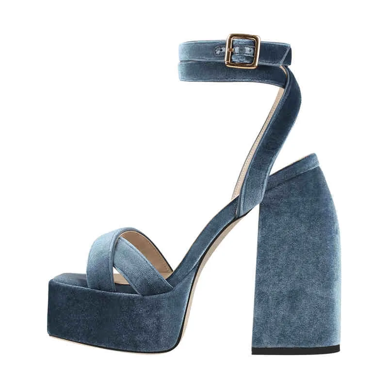 Flock Platform Chunky High Heels Ankle Cross Strap Sandals