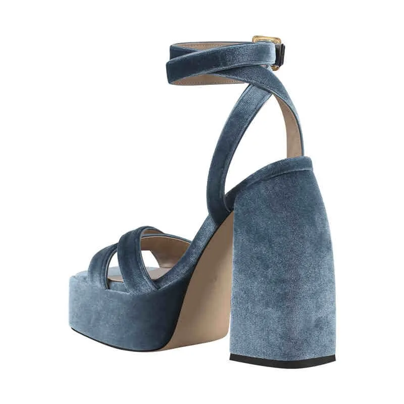 Flock Platform Chunky High Heels Ankle Cross Strap Sandals